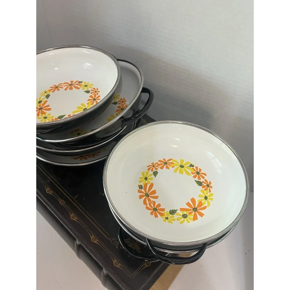 Vintage Ekco Country Garden Porcelain Enamel Pans‎ Set of 7 Italy Daisy Floral